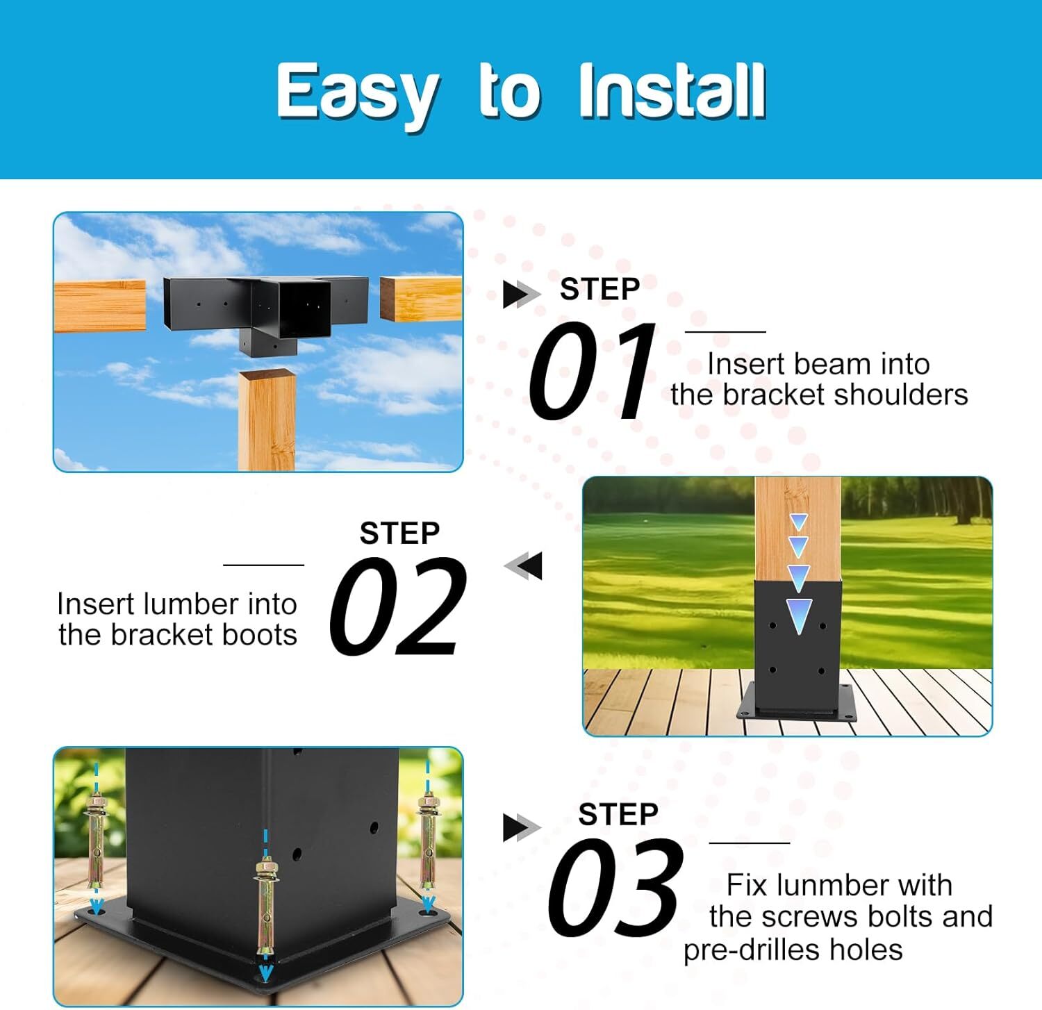 2 Pack Pergola Kit-4 Way 4x4'' T Bracket Corner Bracket/Gazebo Kit DIY Post Base