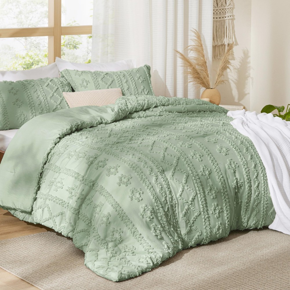 Bedsure Tufted Boho Comforter Set Queen Size Queen, 13 - Sage Green - Elegant