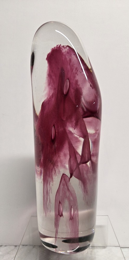 Gorgeous 10" Hand Blown Dark Pink/Clear Heavy Abstract Art Glass~ Signed