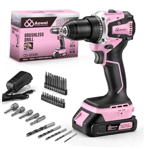20V Brushless Cordless Lithium-Ion Drill Set, Compact Design Rechargeable Pink