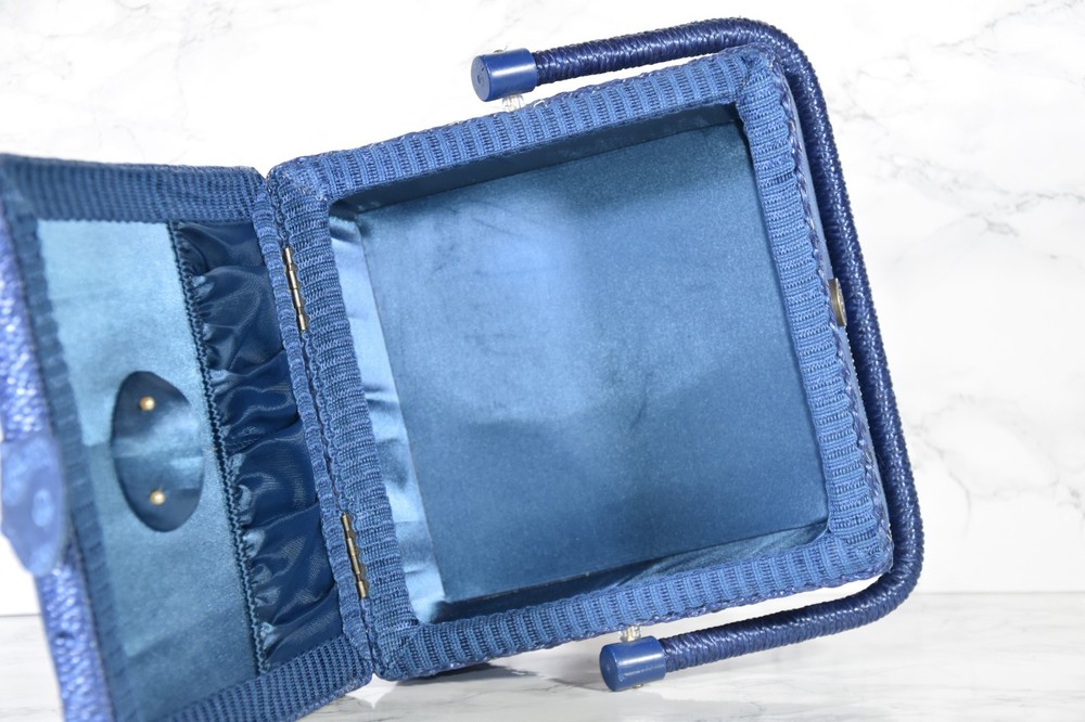 Sewing Box Wicker Wood & Blue Paisley Pattern Fabric Covered Small