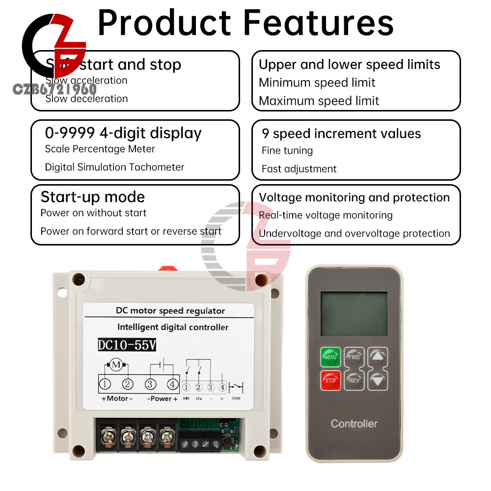 DC 10V-55V 30A Intelligent Brush Motor Speed Controller Display Remote Control