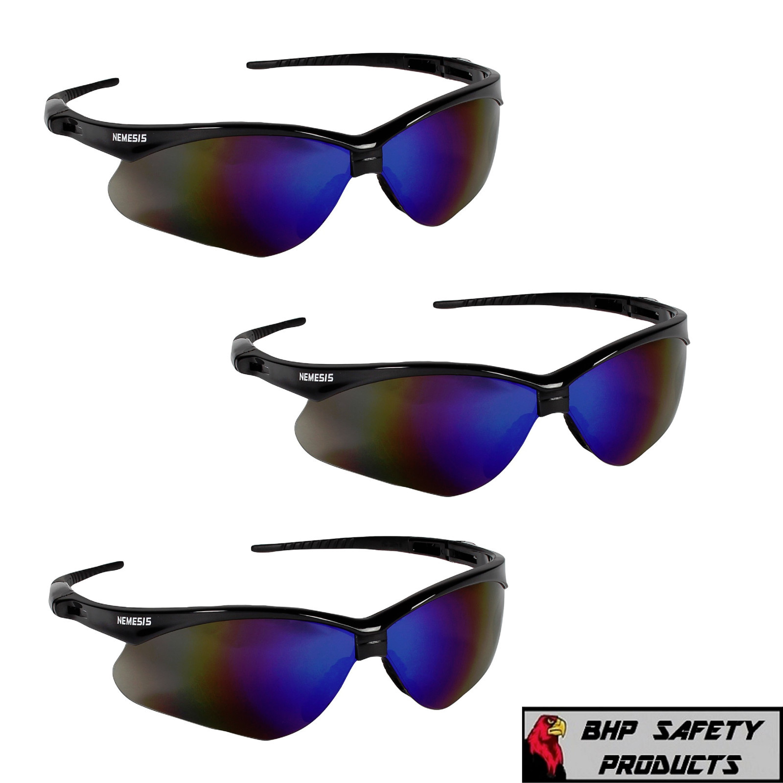 3 PAIR KLEENGUARD NEMESIS SAFETY GLASSES BLACK FRME BLUE MIRROR SUNGLASSES 14481