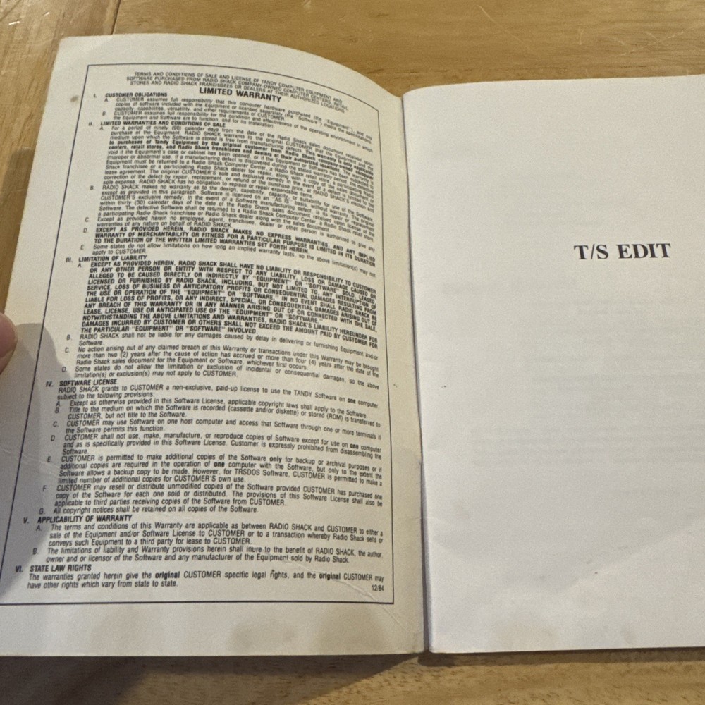 1984 Tandy Color Computer T/S Edit For Use With Disk Basic Or Os-9 System