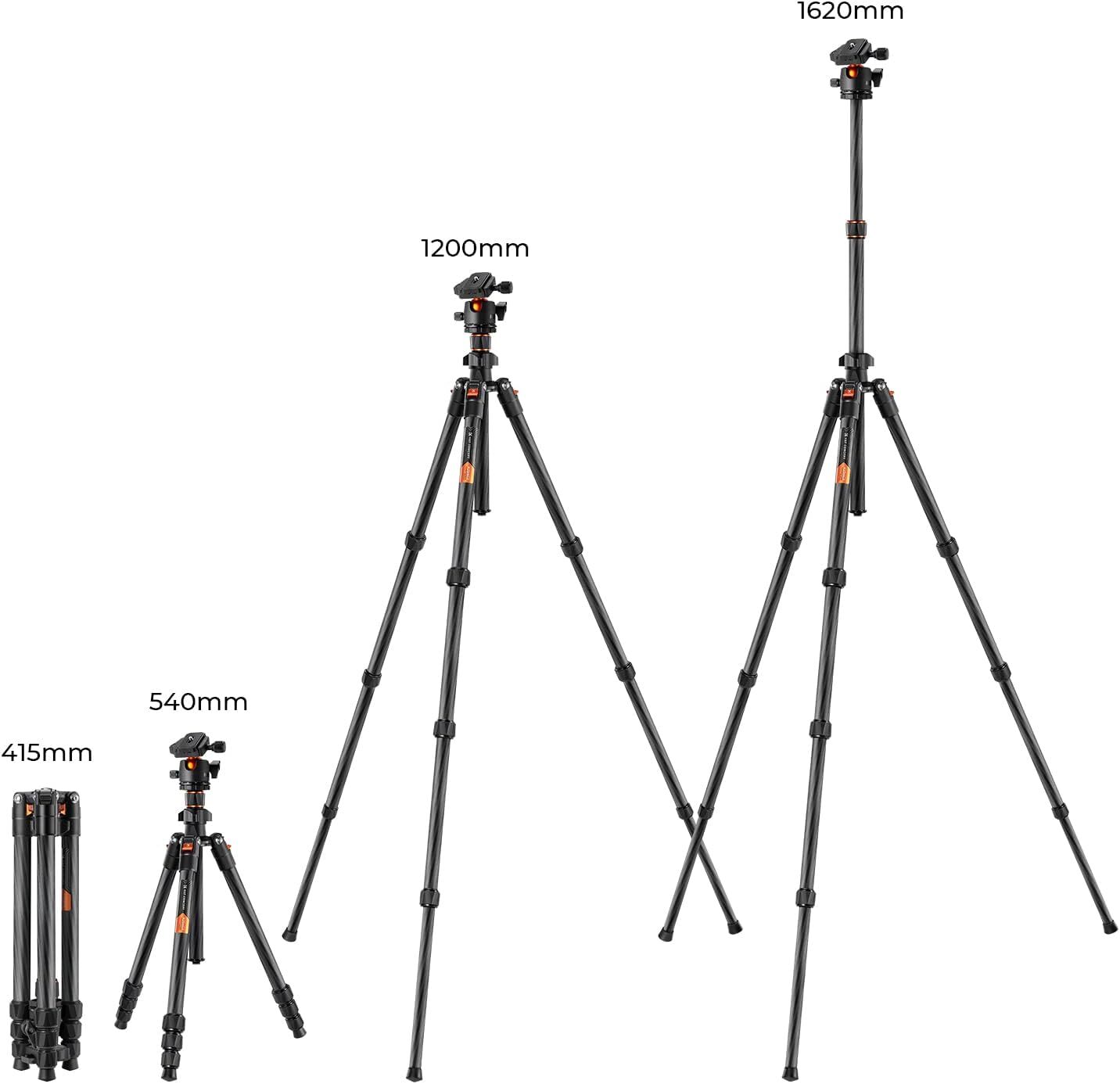 K&F Concept 163cm Carbon Fiber Camera Tripod Lightweight Travel w/360° Ball Head