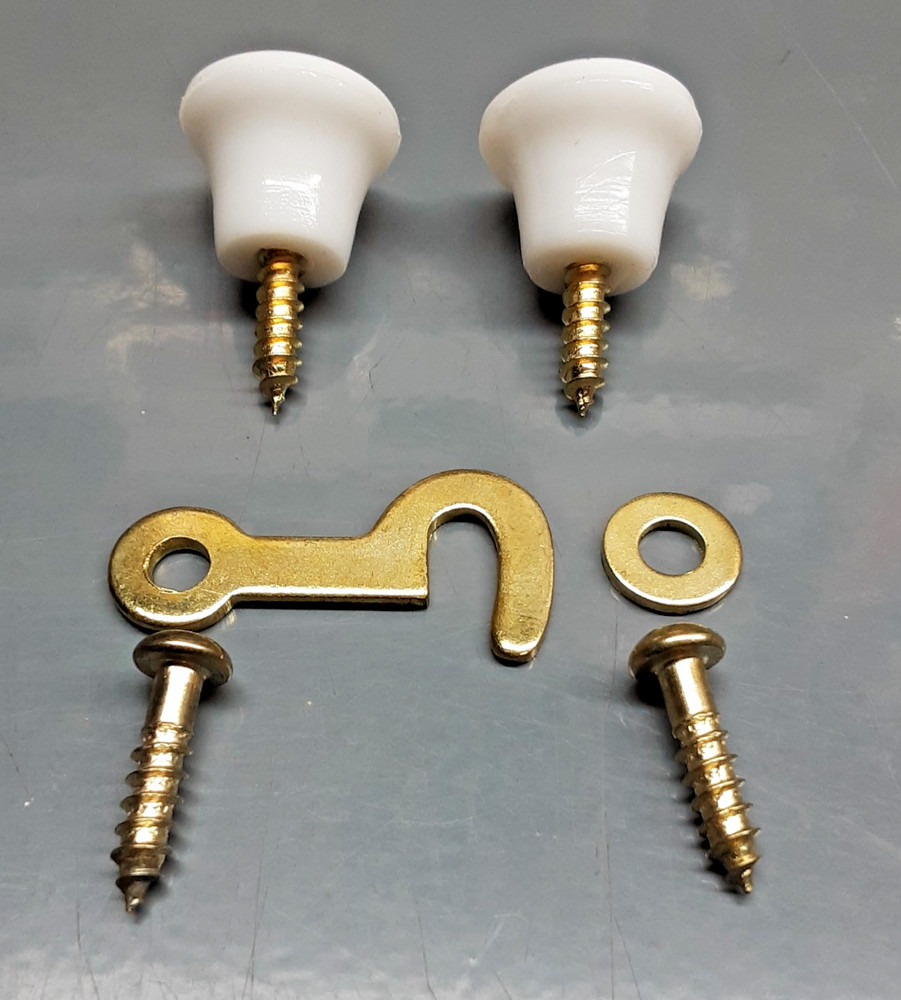 Drawer Knobs Pulls Pr. 3/4" Plastic Plus Brass Hook Latch & Screws, NOS Repro