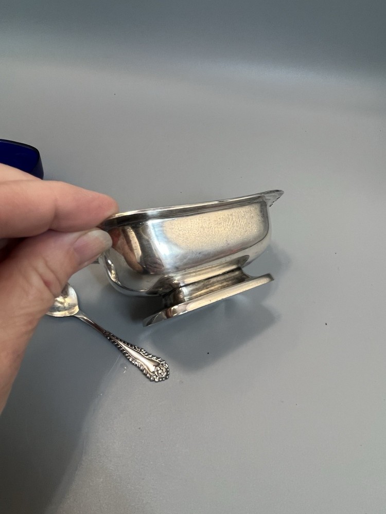 Footed Open Salt Cellar Cobalt Plastic Insert Silver Plate Base Made In England