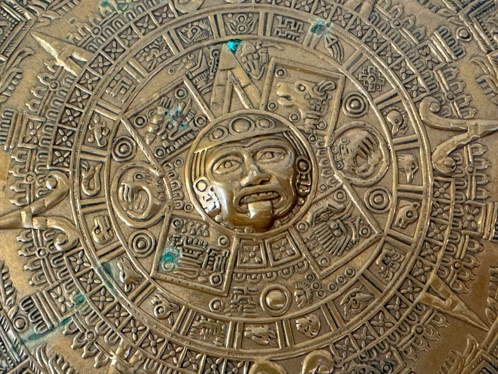 Vintage Solid Copper Embossed Mayan Aztec Inspired Round Wall Hang Plate 11"