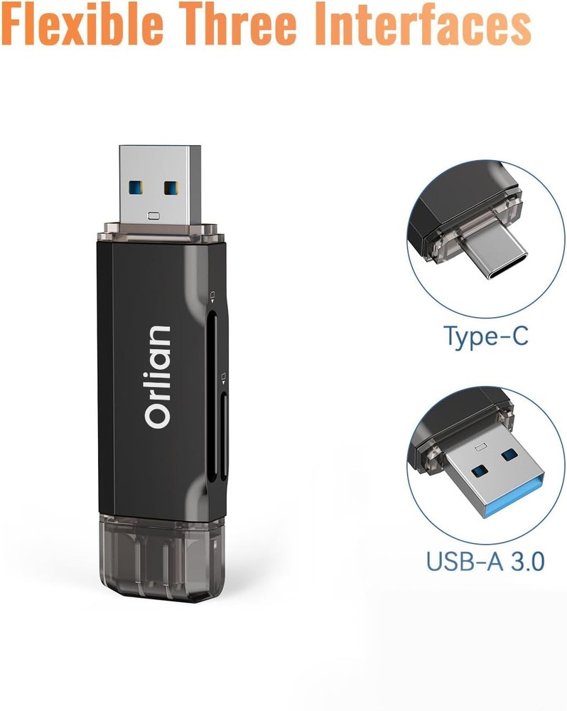 SD Card Reader USB 3.0 Dual A & C to Micro SD/SD Memory Black