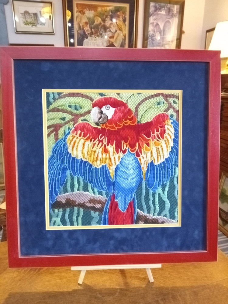 Vintage Framed Needle Work Parrot