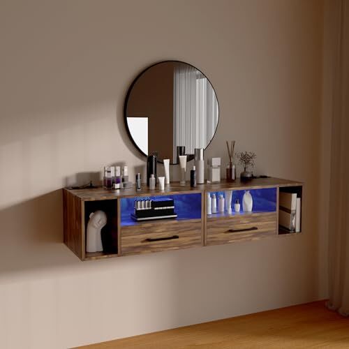 Floating Nightstand with Charging Station and LED Lights, Floating Rustic Brown