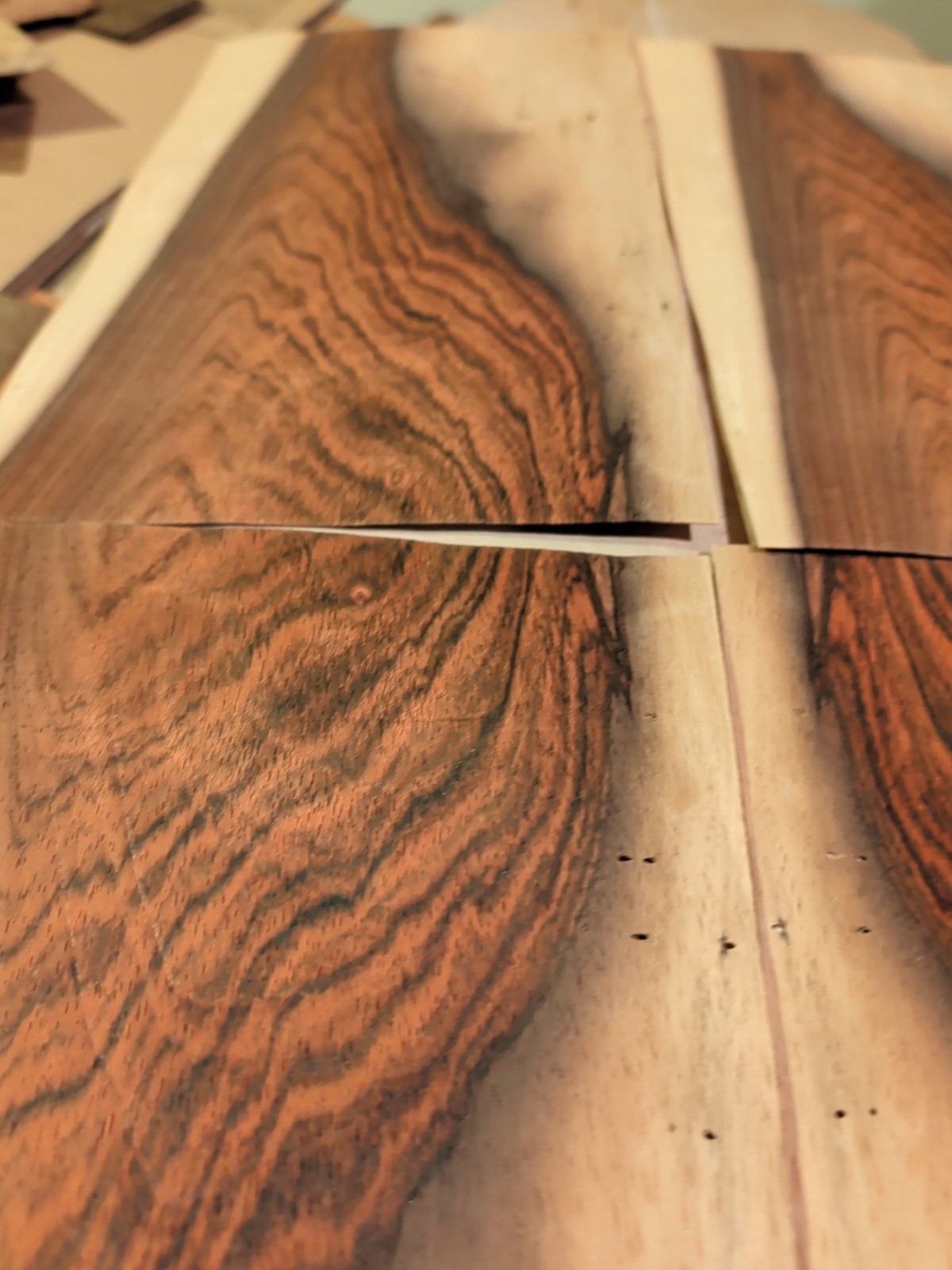 4 pieces of rosewood wood veneer 7" x 12 1/2" each raw 1/42" holes old