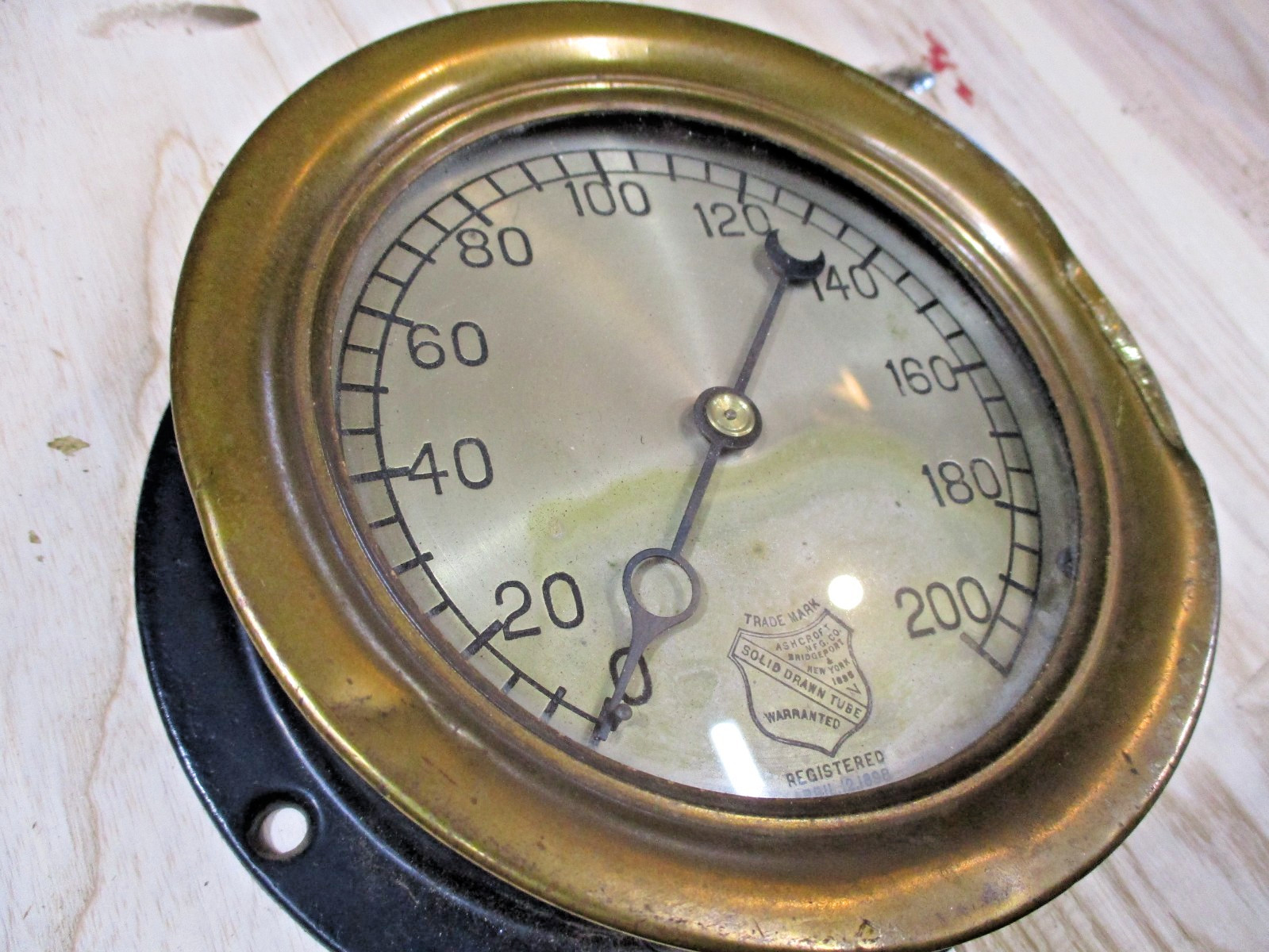 Vintage Ashcroft Mfg. Co. 6" Brass Gauge, Glass Face 0-200, Reg- 4/12/1898