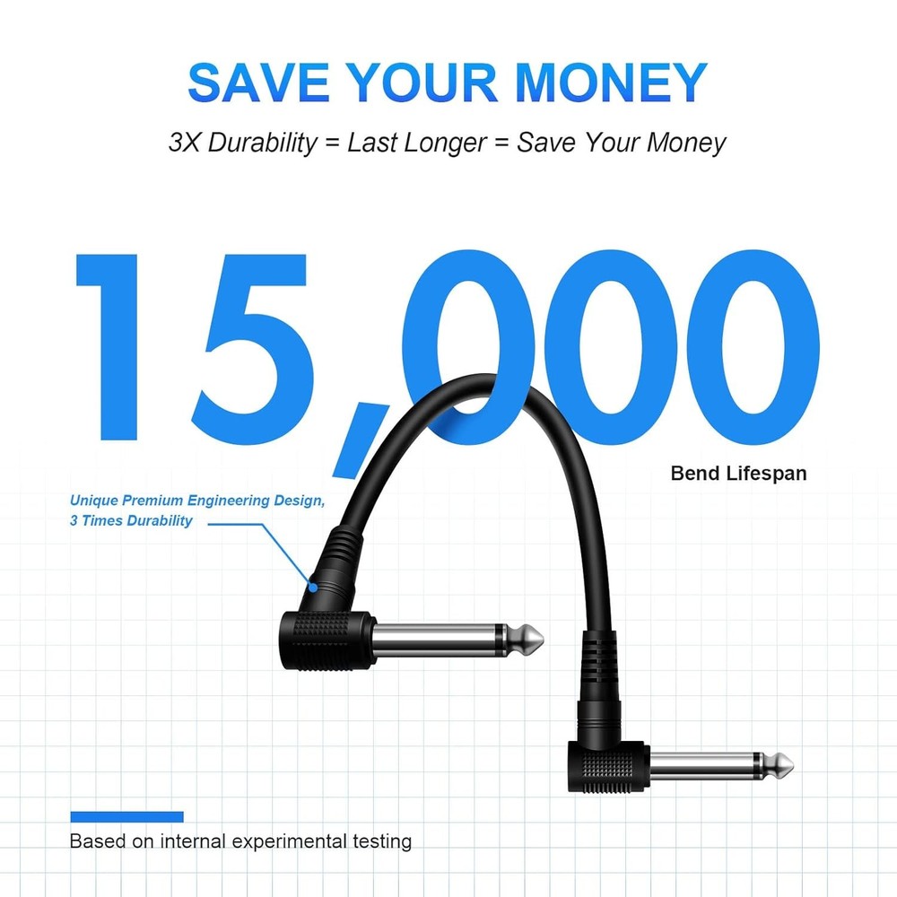 6 Pack 6 Guitar Patch Cables - Noise-Free Right Angle Pedal Board Cables