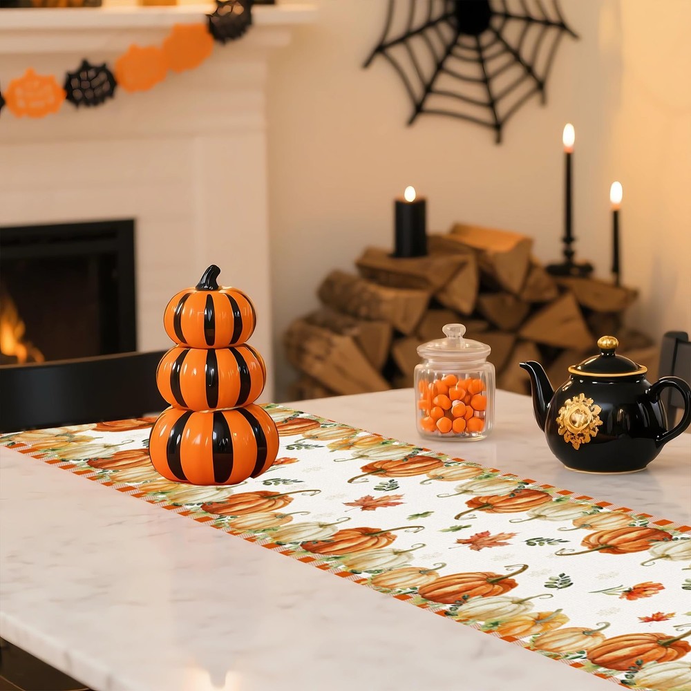 Pumpkin Fall Table Runner, Autumn Thanksgiving Pumpkin Kitchen Dining Table D...