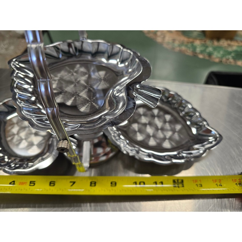 Tiered Serving Tray Chrome Color Leaf Shaped Candy Nut Dish Buffet Server