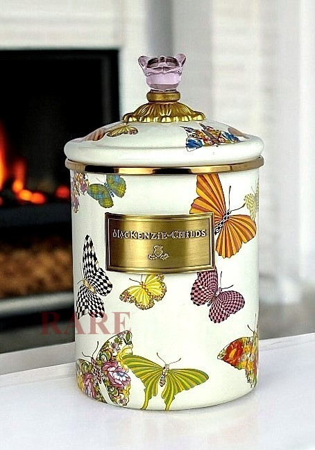 MacKenzie-Childs White Butterfly Garden Enameled Medium 8.5" Canister New No Box