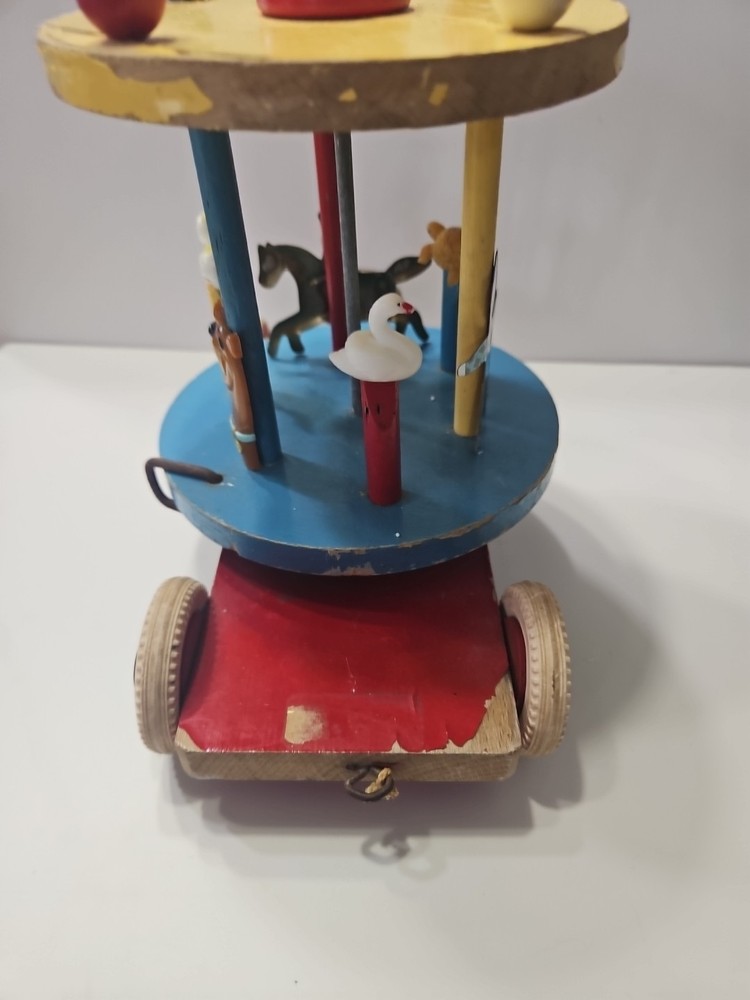 Vintage Brio Wood Carousel Karusell Merry-Go-Round Pull Toy Bell Missing String