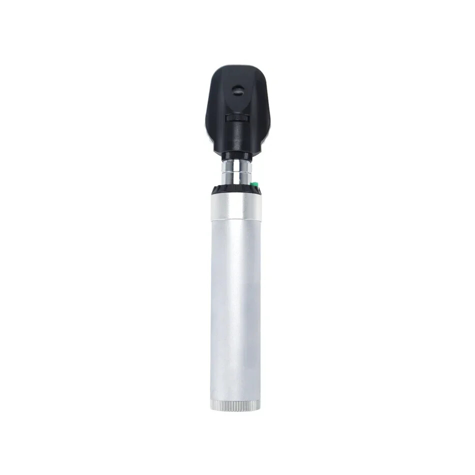 Optical rechargeable direct vision fundoscope with aluminum carrying case
