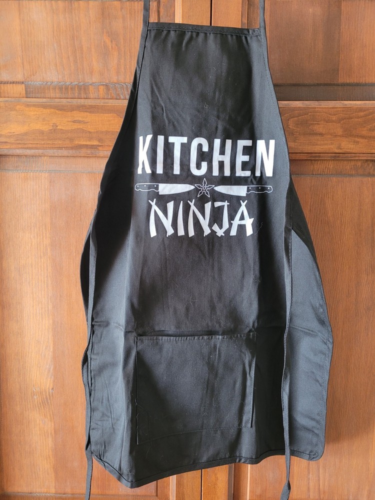 "Kitchen Ninja" Small Black Bib Apron with Pockets and Adjustable Neck