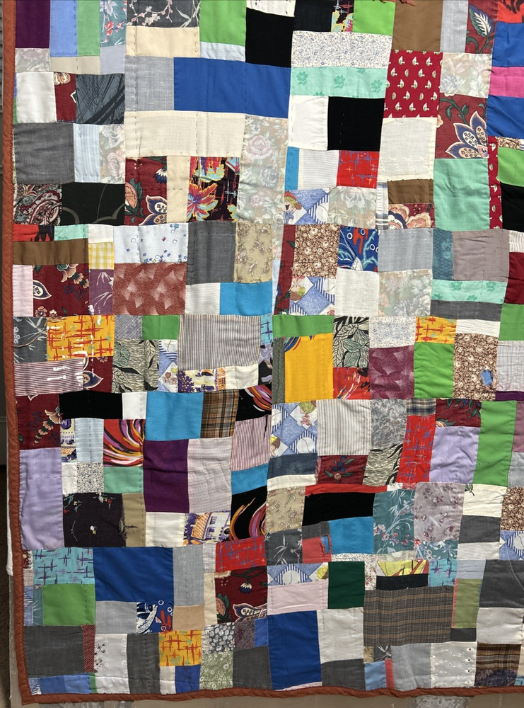 Vintage Hand Sewn Handmade Square Patchwork Crazy Quilt OOAK Throw 83x61"