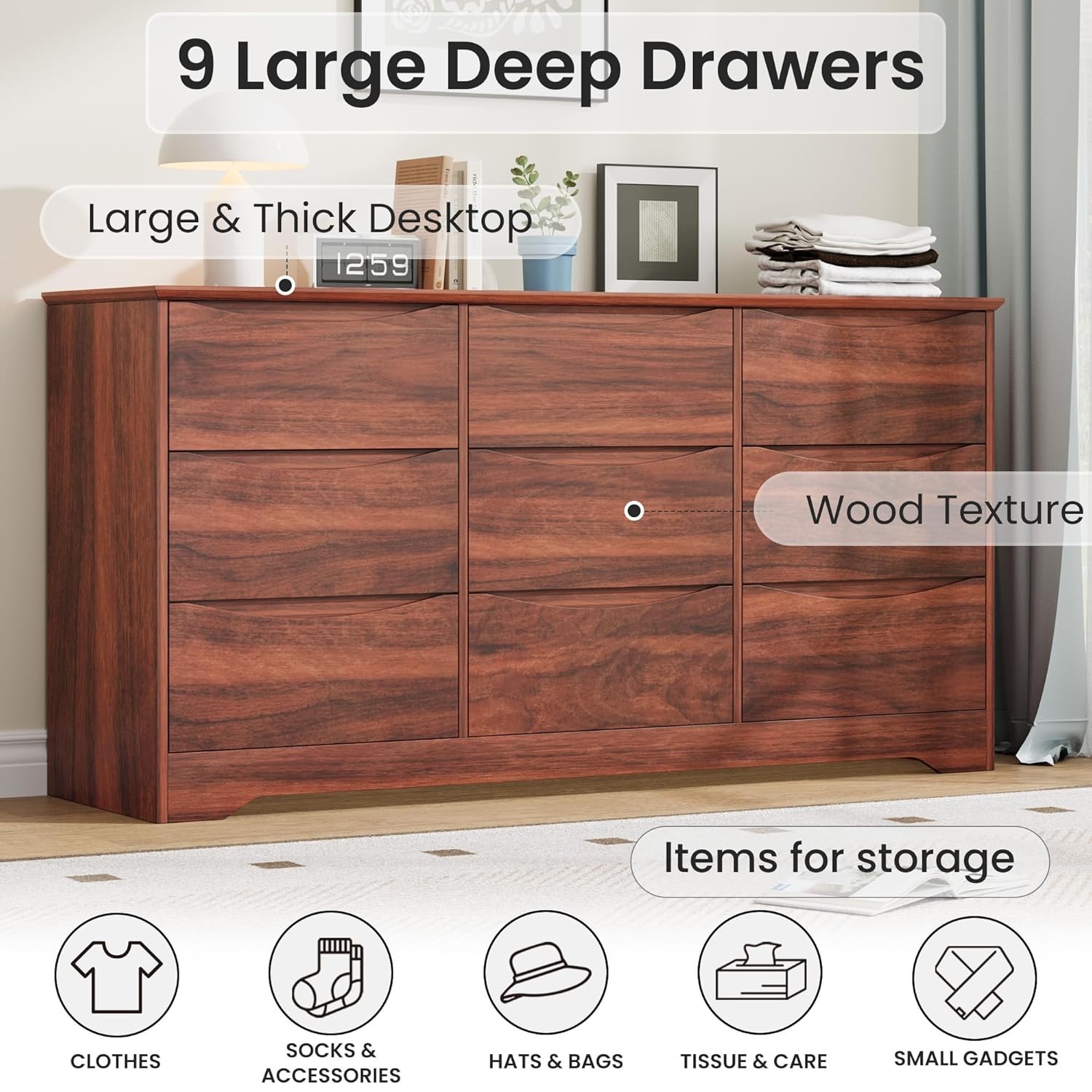 Wooden 9 Dresser for Bedroom, Long Storage Dresser Modern Closet for Bedroom