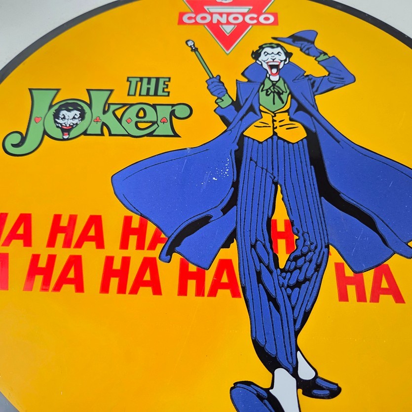 Vintage Conoco Gasoline Porcelain Sign - Joker Batman N-Tane Comic Gas Pump Sign