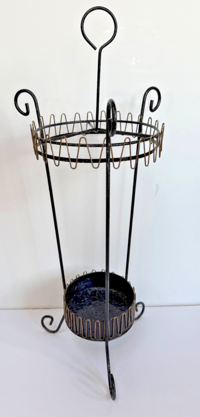 Vtg MCM Umbrella Stand cane walking-stick Holder Black Metal Gold-tone Trim 29"h