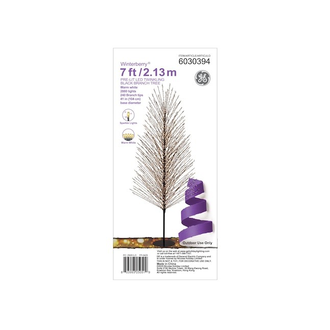 GE 7 ft Winterberry Pre-Lit Twinkling Warm White LED Black Branch Tree