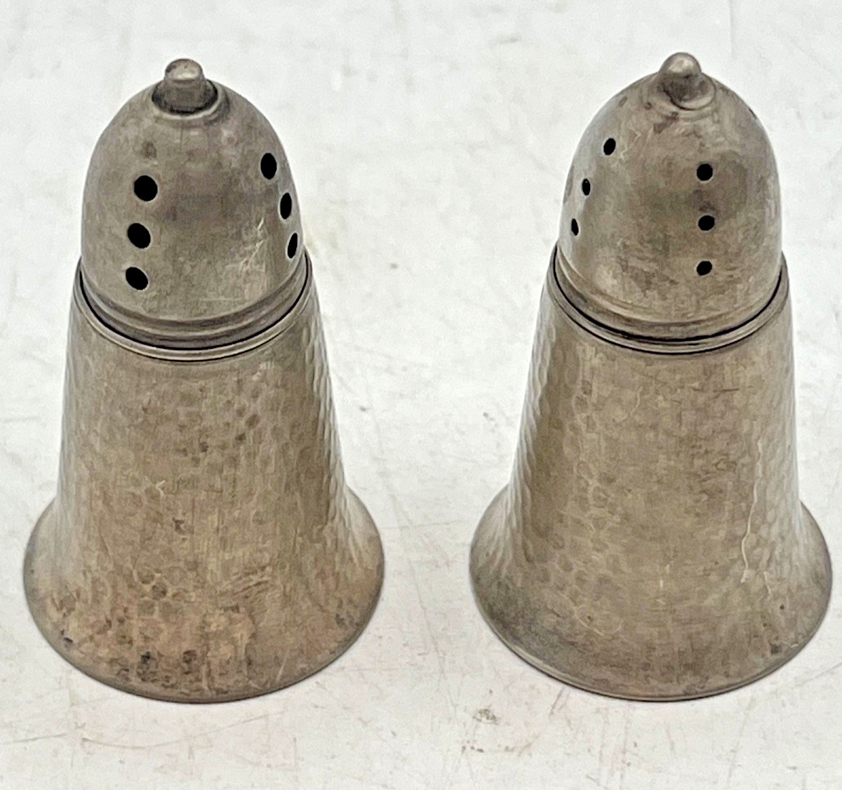 Pair Vintage hand-hammered sterling silver salt and pepper shakers