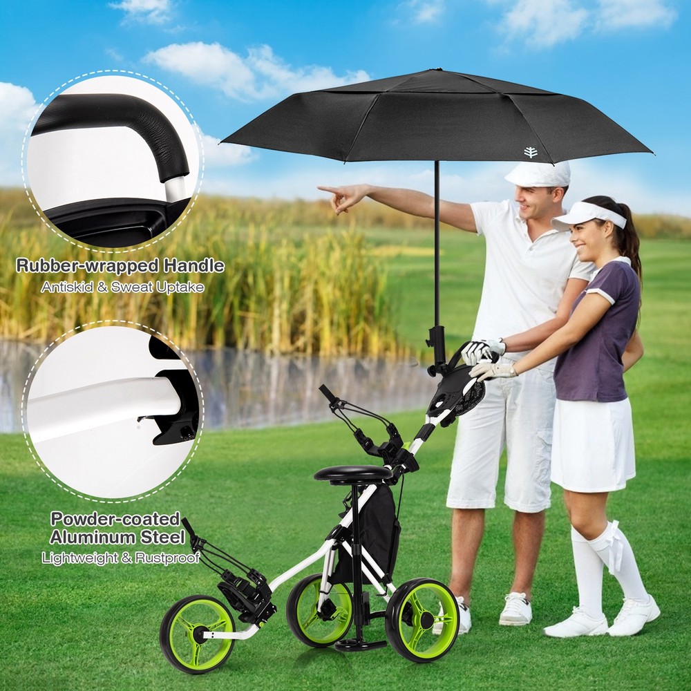 3-Wheel Foldable Golf Push Pull Cart Trolley w/ Seat Adjustable Handle Green