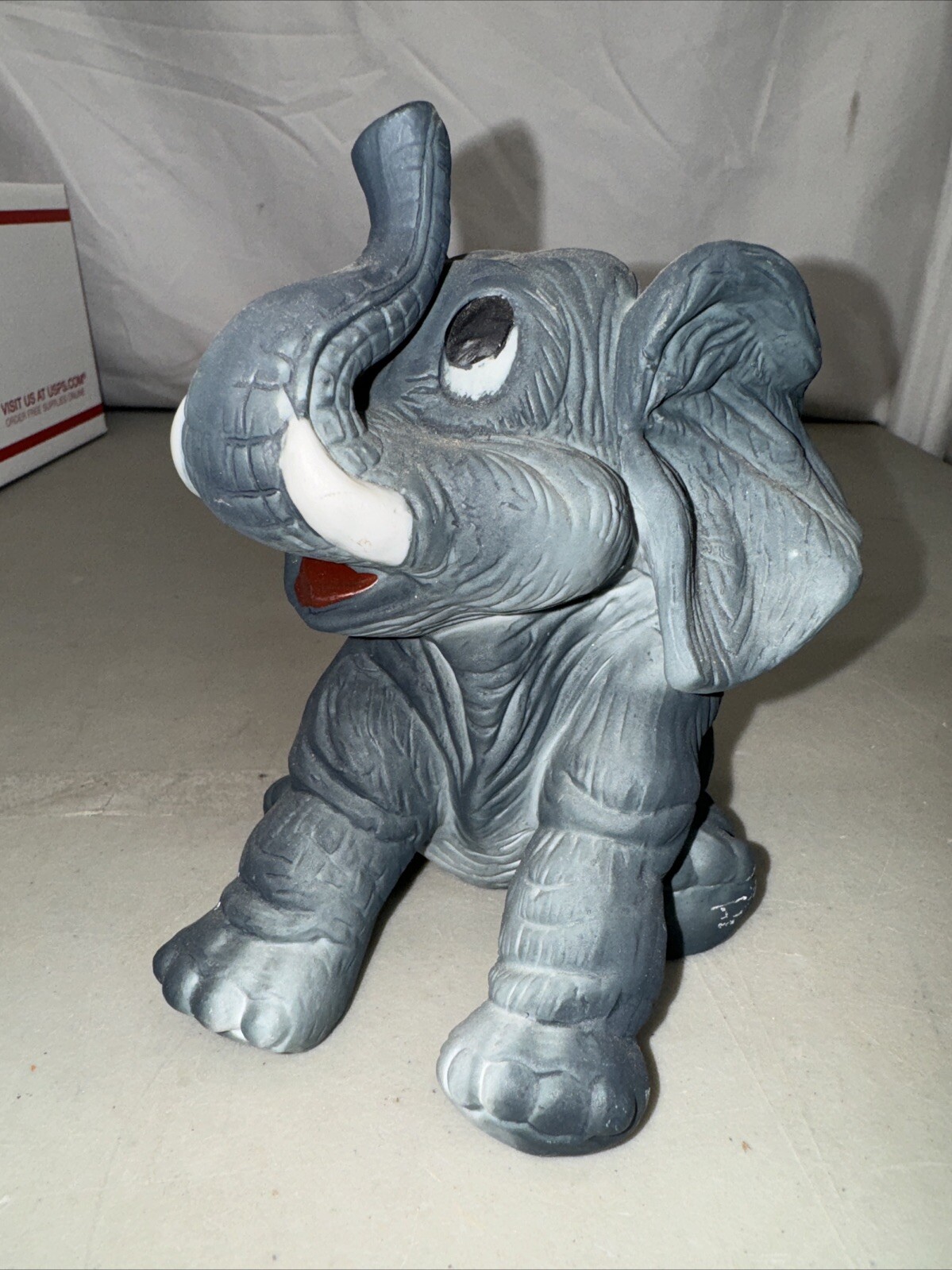 Vintage Blue Gray Porcelain Elephant Figurine Setting Figure Trunk Up Raised 5x6