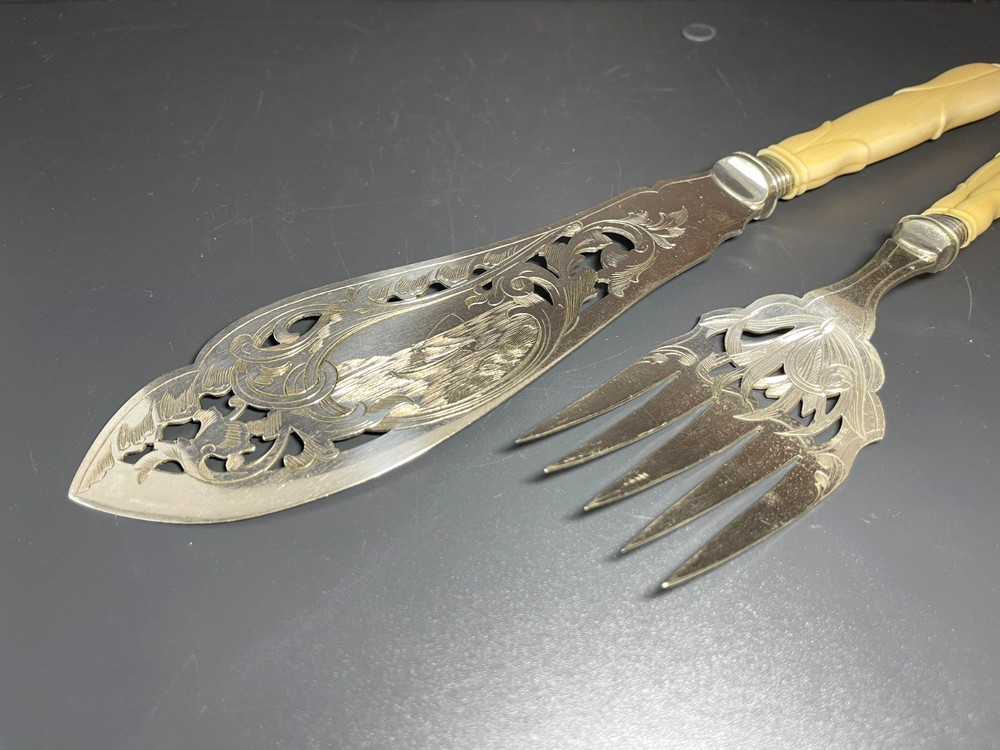 Antique Victorian Silver Plate Serving Fish Knife & Fork Set