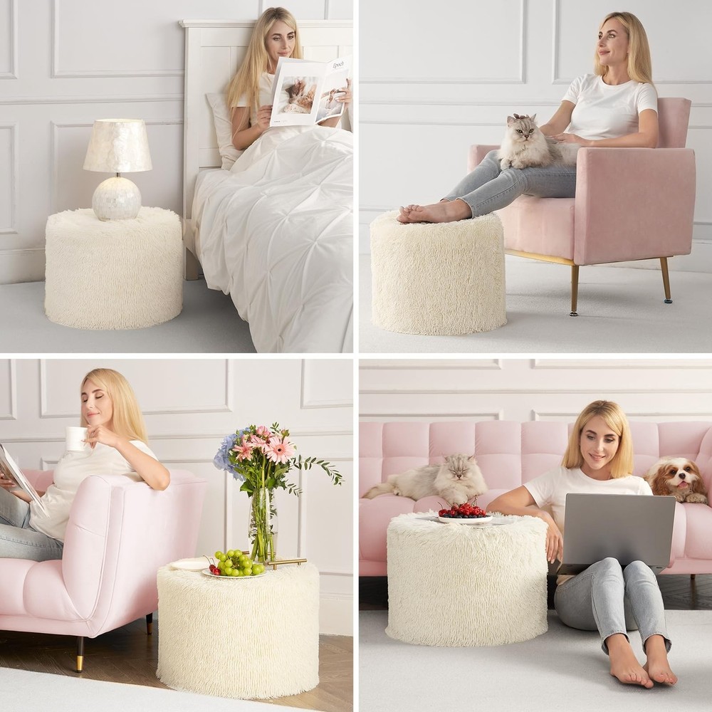 Hansleep Round Stuffed Pouf Ottoman 17 x 14, Foam Filled Faux Fur Ottoman Foo...