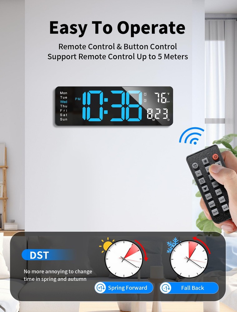 Digital Wall Clock, 16" Large Display Digital Clock with Remote Control, Auto...