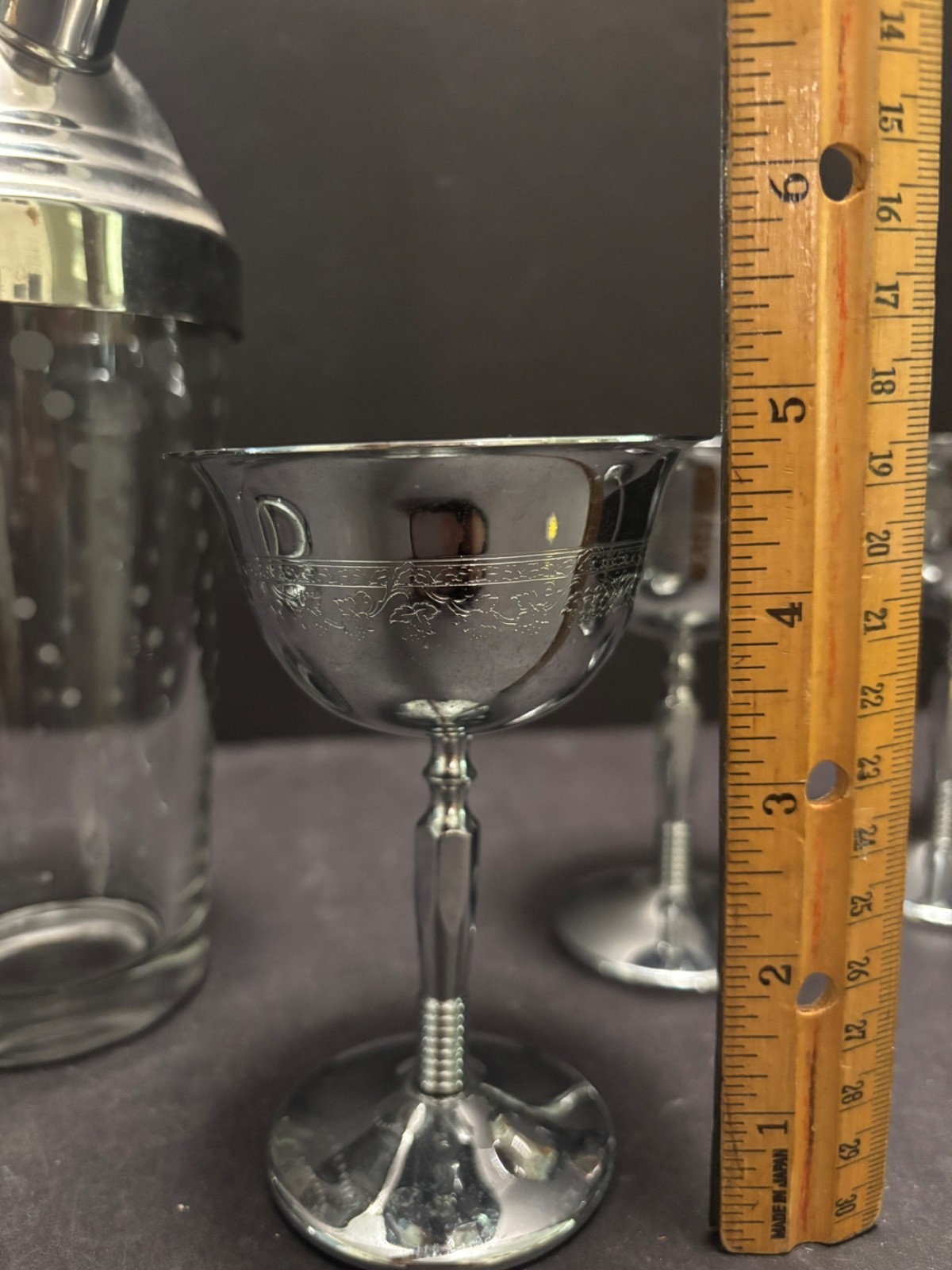 Retro CHROME MARTINI Set 4 Glasses Libbey COCKTAIL Shaker Stand/Carrier MCM Vint