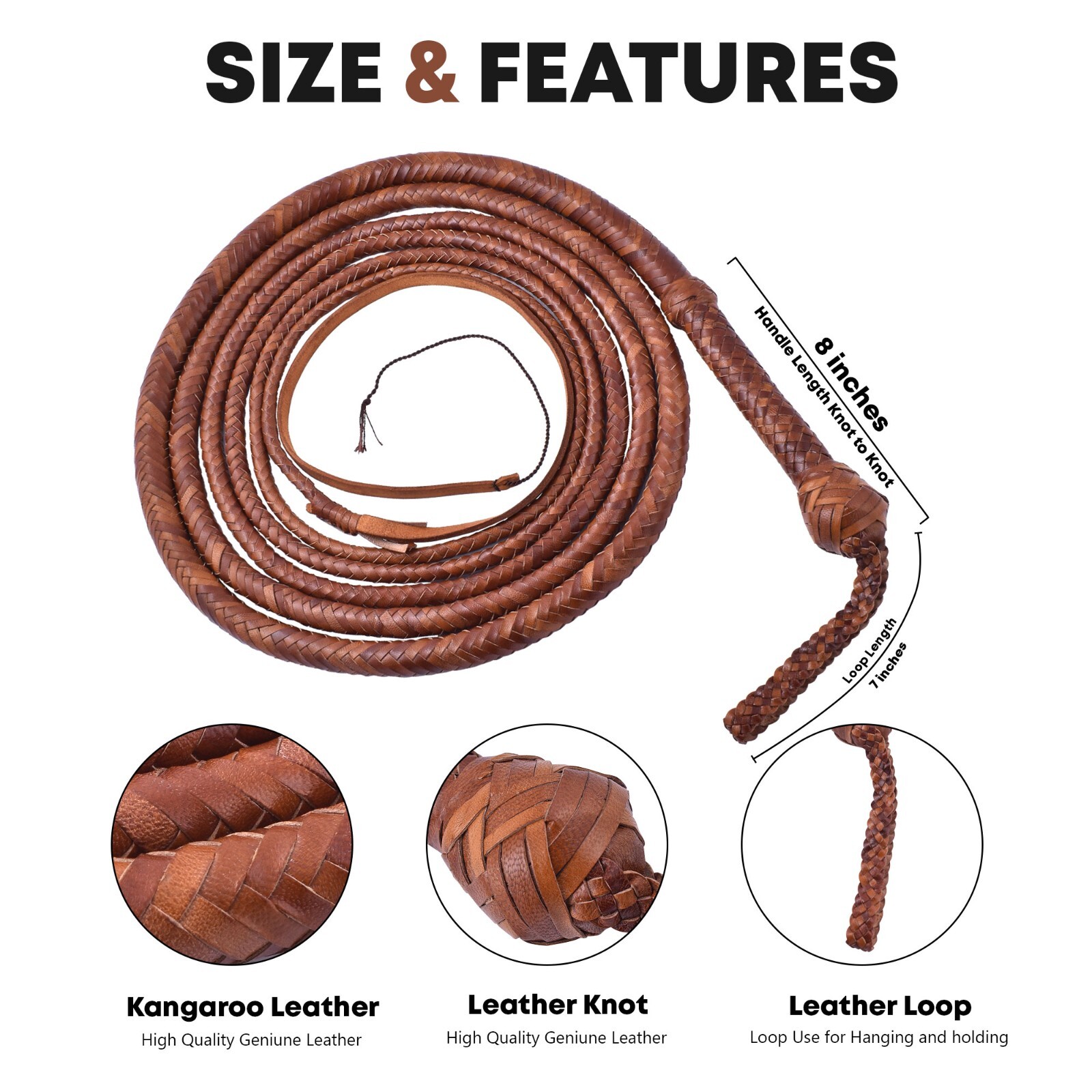Kangaroo Hide Leather BULL WHIP 04 to 16 Feet Long 16 Plaits Indiana Jones Whip
