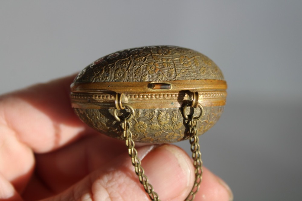 Antique 19th Century Painted Brass Egg Chatelaine Thimble Case w/ (2) Thimbles