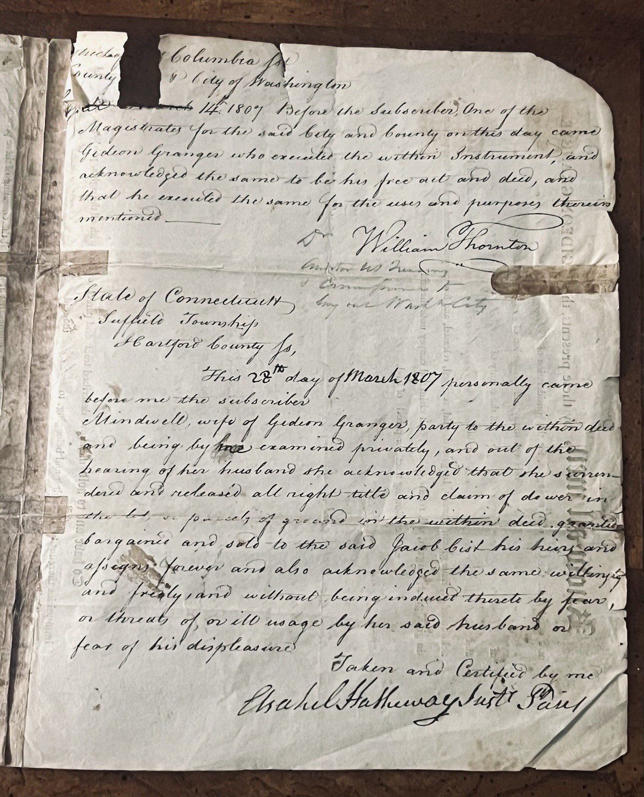 1808 Deed, District of Columbia, Signed By Gideon Granger & Dr. William Thornton