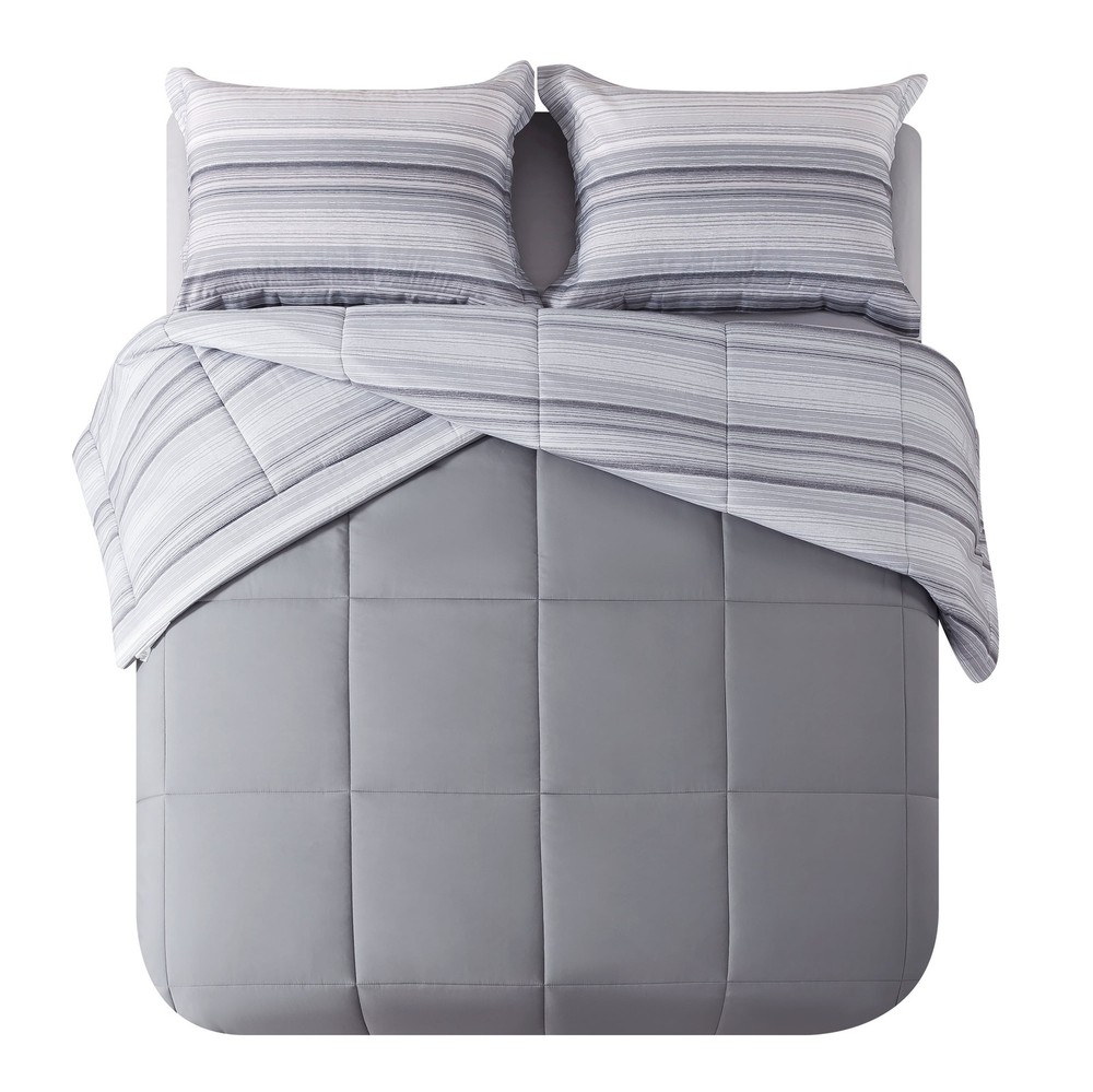 All in One Reversible Comforter & Sheet set- 7 Piece Queen Gray Stripe