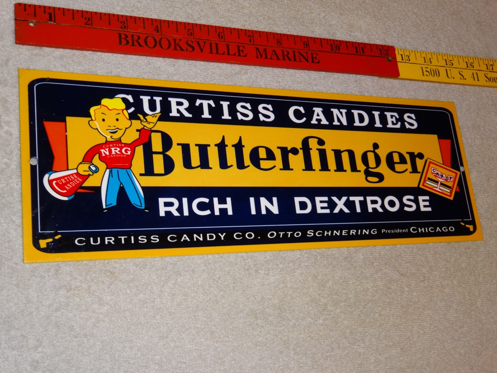VINTAGE CURTISS CANDIES BUTTERFINGER 15" METAL CHICAGO CHOCOLATE CANDY BAR SIGN!
