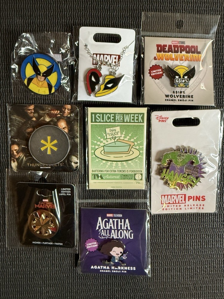 Assorted MARVEL Enamel Pins & Necklace - Deadpool & Wolverine, Loki, Agatha…