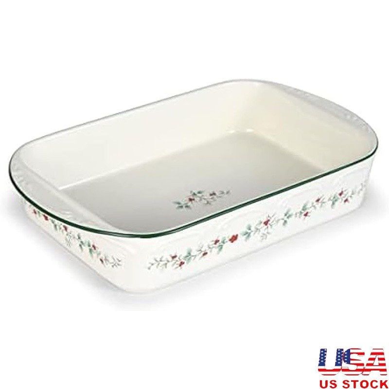 Festive Rectangular Stoneware Baker W/ Handles Baking Lasagna Cheese Brownies US