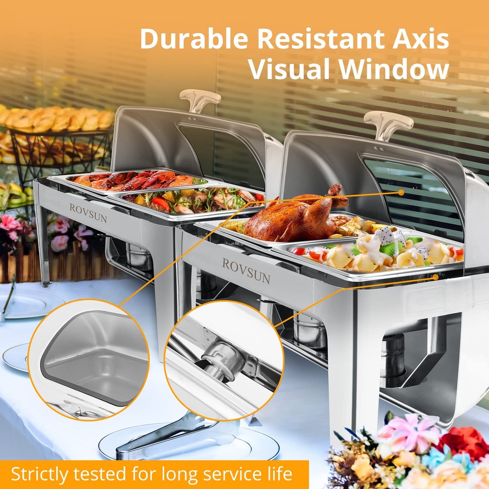 Roll Top Chafing Dish Buffet Set,NSF 9 Quart Rectangular Stainless Steel Chaf...