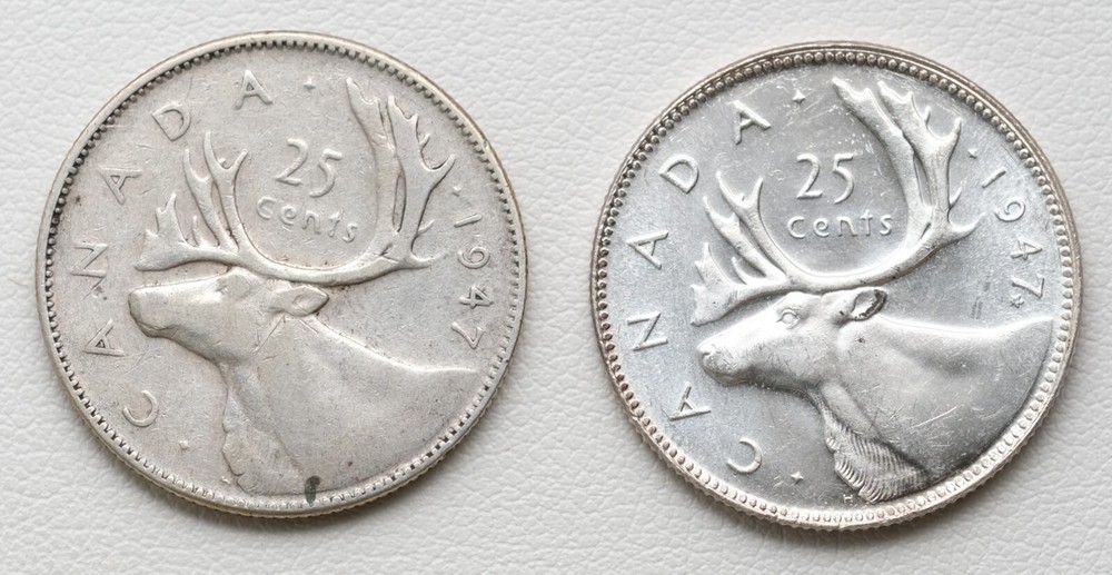 1947 Canada 25c Quarter With Dot & Maple Leaf 2 Coin Set