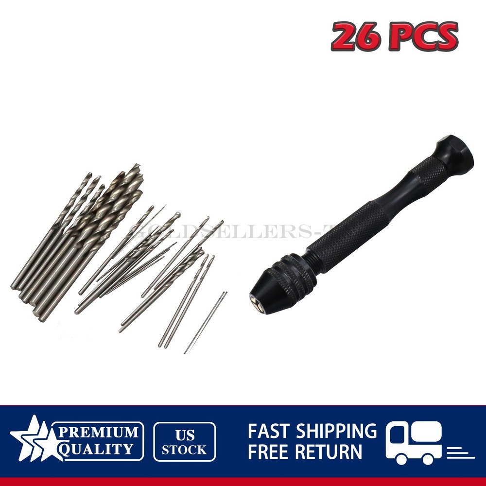 26PCS Mini Micro Drill Hand Bits Set Small Manual Keyless Chuck Pin Vise Rotary