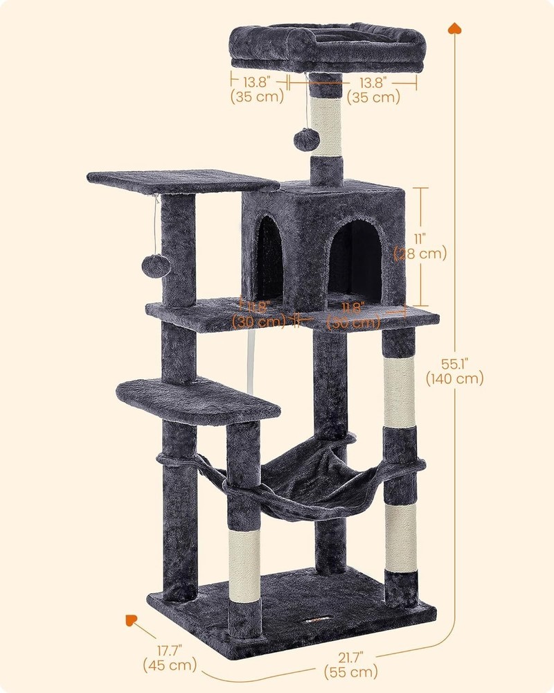 Cat Tree, 55.1-Inch Cat Tower, Plush Multi-Level Condo with 4 Scratching Post...