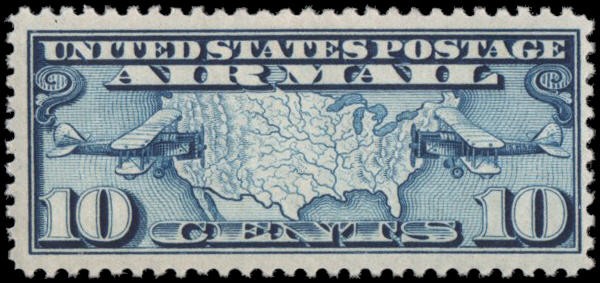 US #C7 MH 10c airmail, map and mail planes