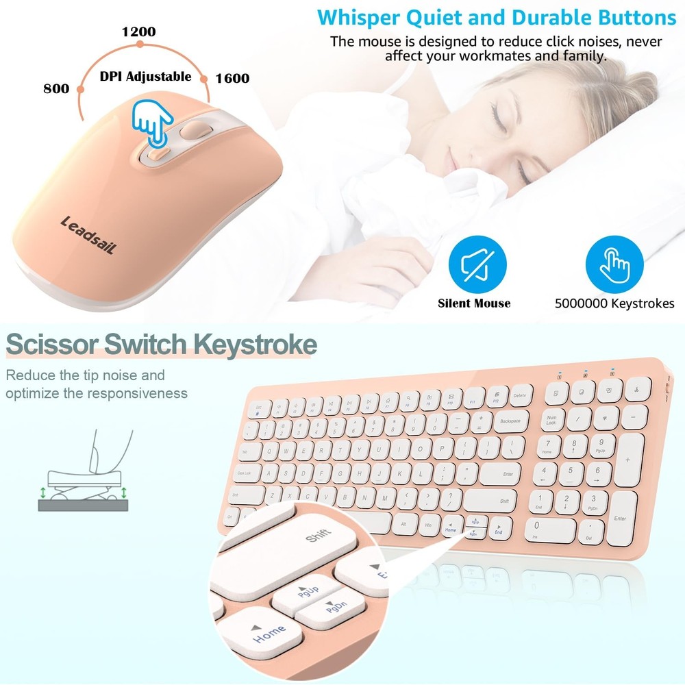 LeadsaiL Wireless Keyboard and Mouse Combo, Ergonomic Wireless Mouse and Keyb...
