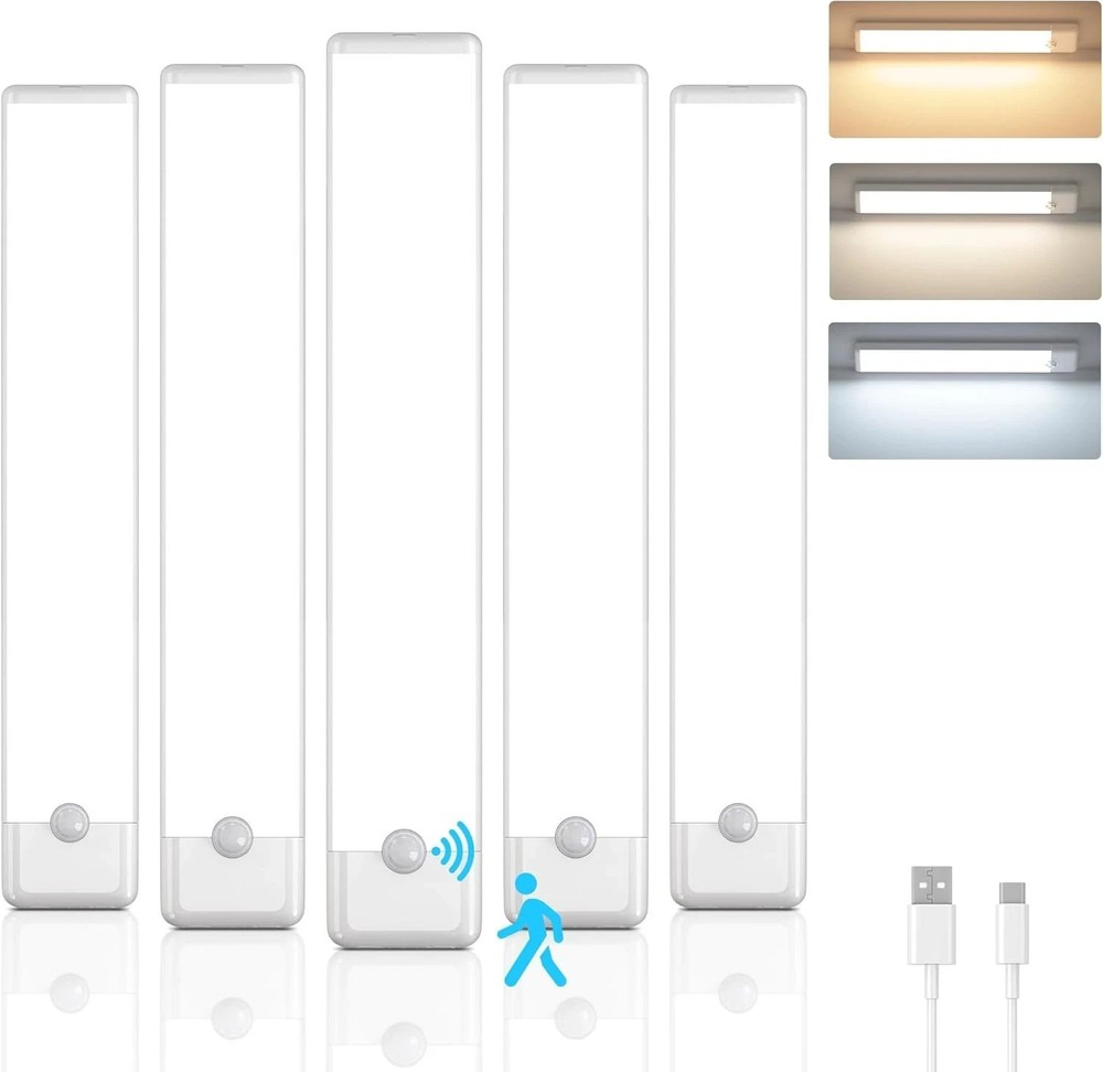 5-Pack LED Under Cabinet Lights, Rechargeable Motion Sensor, 3 Color Dimmable